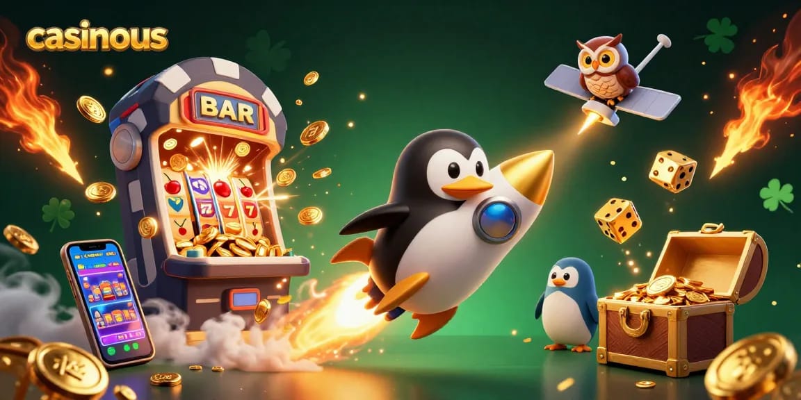 Experience thrilling gameplay at casinous with a golden penguin and jackpot explosion in a vibrant casino scene.