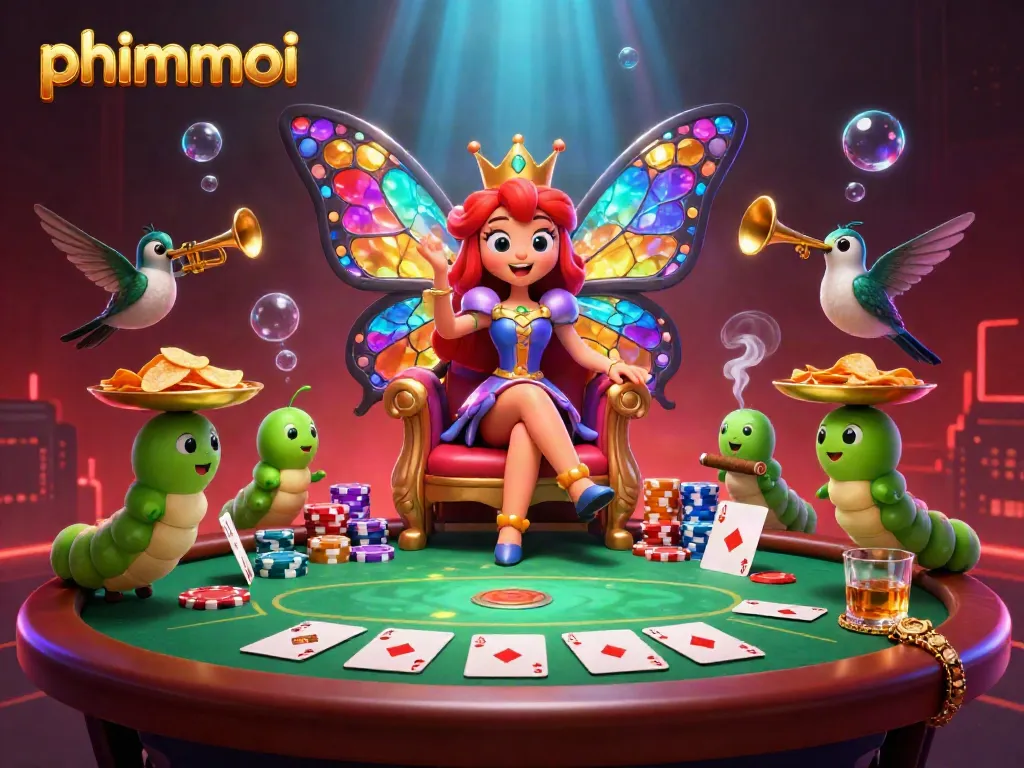 Experience immersive gaming with phimmoi illustrated in a dynamic 3D casino scene featuring vibrant characters and poker elements.