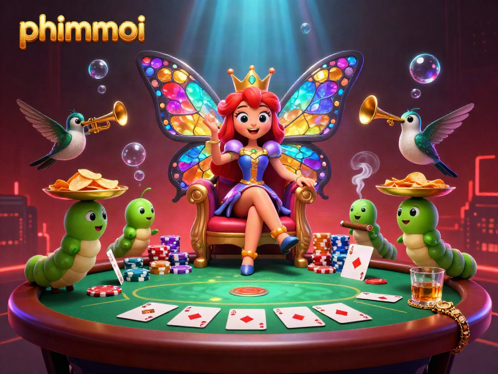 Experience immersive gaming with phimmoi illustrated in a dynamic 3D casino scene featuring vibrant characters and poker elements.