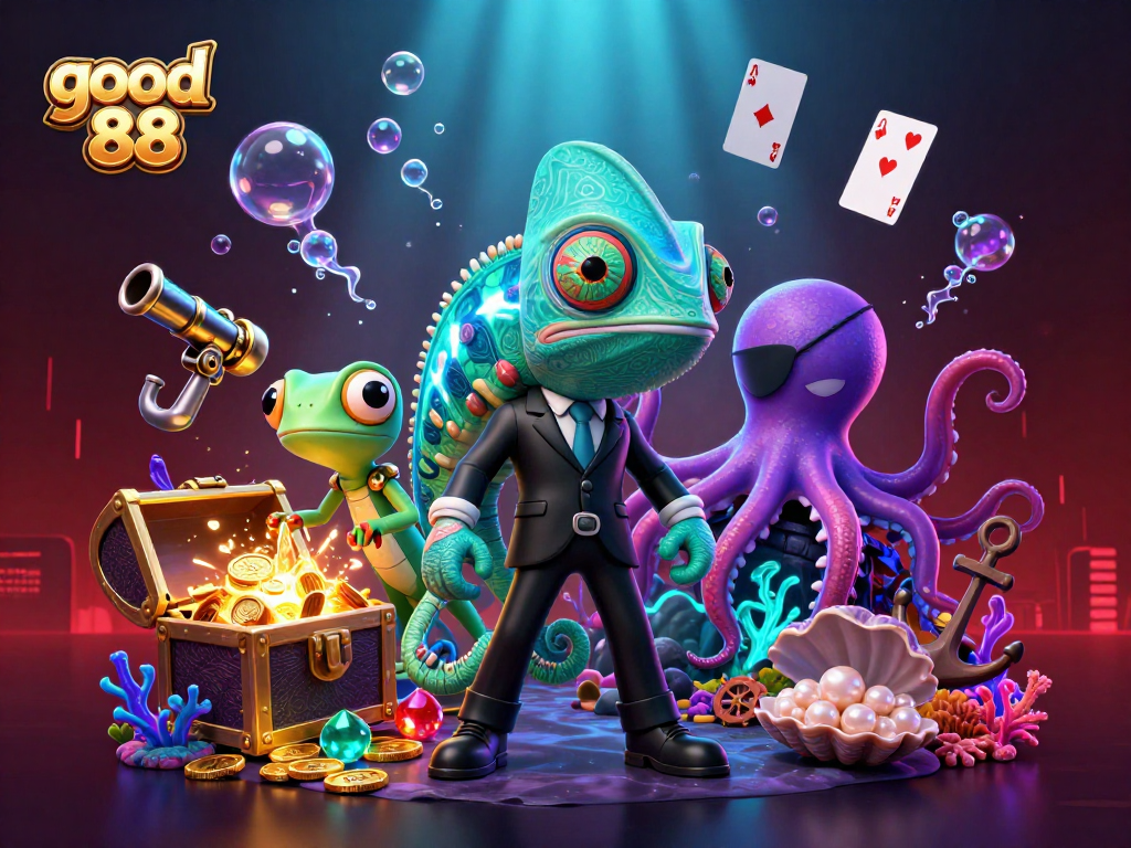 Engage with good 88 as the dynamic chameleon, gecko, and octopus blend in with vibrant casino elements under the sea.