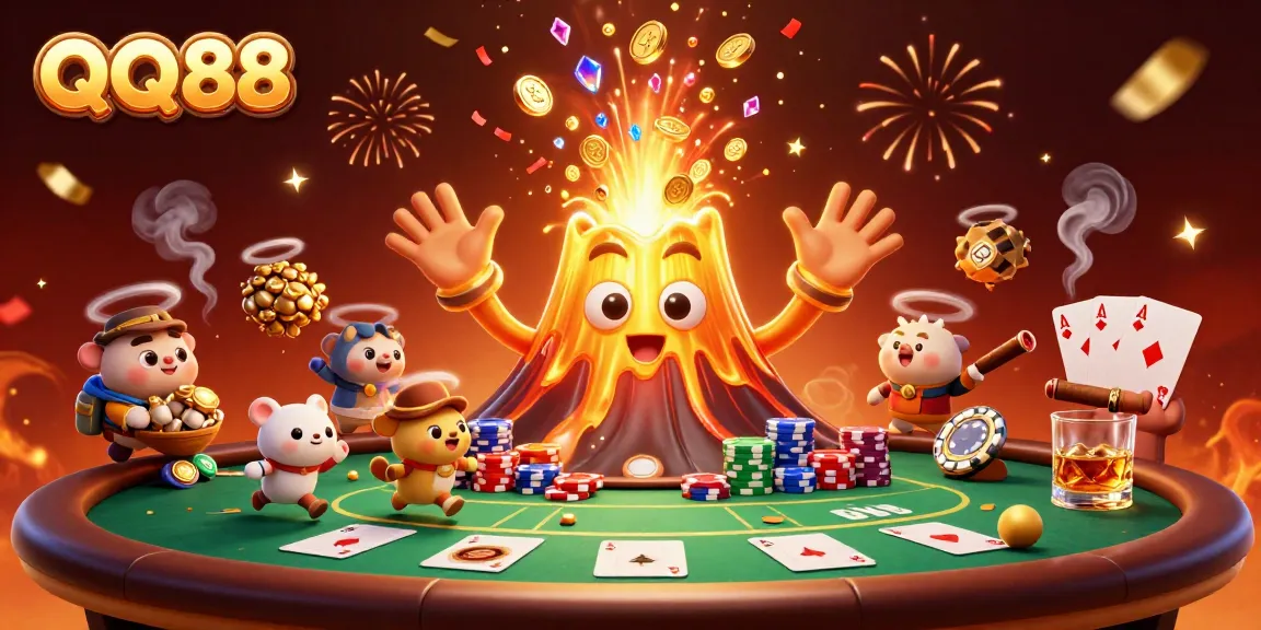 Experience QQ88's thrilling eruption of treasures and vibrant cards in an action-packed casino scene.