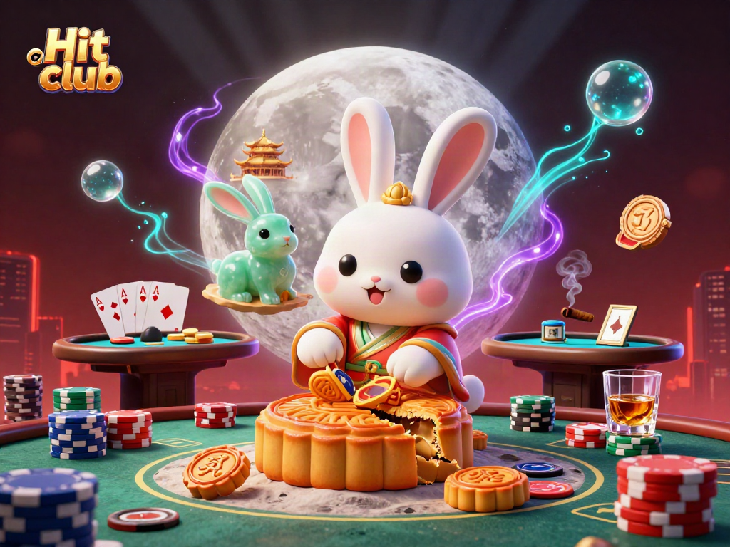 Experience the vibrant Hit club moonlit scene with cartoon rabbits, poker chips, and dynamic gambling elements.