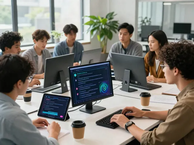 Diverse professionals engaging in unfiltered AI chat in a modern tech workspace.