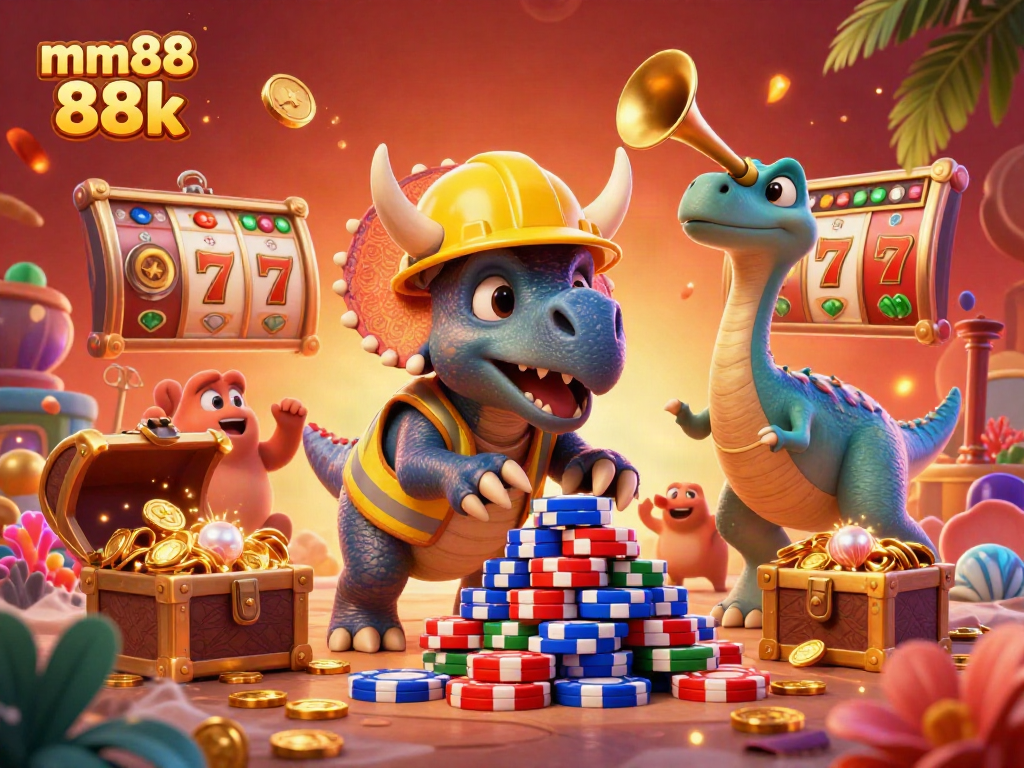 Experience casino excitement with mm88 88k as a triceratops builds poker chip pyramid in a vibrant celebration.