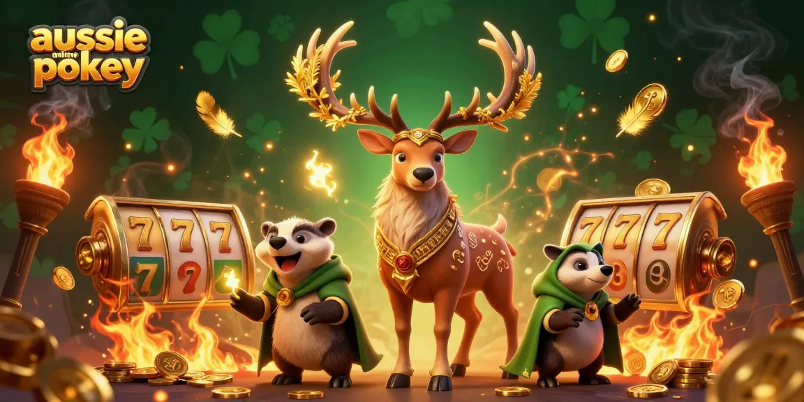 Aussie online pokies scene showcasing a druid stag, a badger, and vibrant gaming elements.